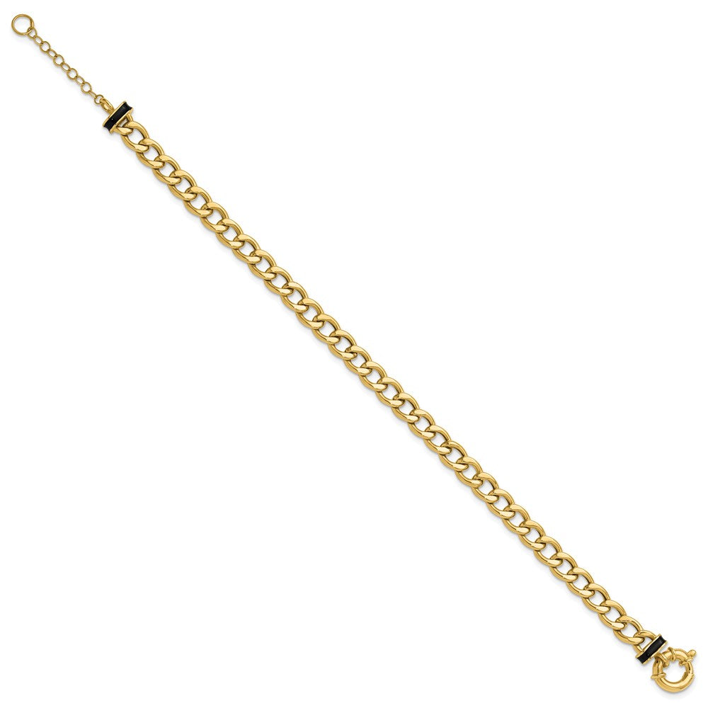 10K Yellow Gold Polished With Black Enamel Flat Oval Link 1In Ext. Bracelet