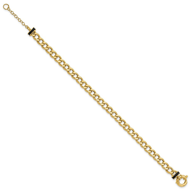 10K Yellow Gold Polished With Black Enamel Flat Oval Link 1In Ext. Bracelet