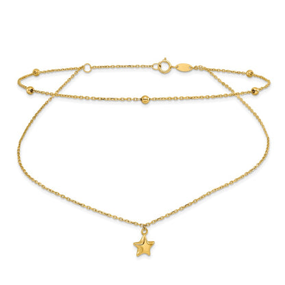 10K Yellow Gold Polished 2-Strand Star Plus Ext. Chain Anklet