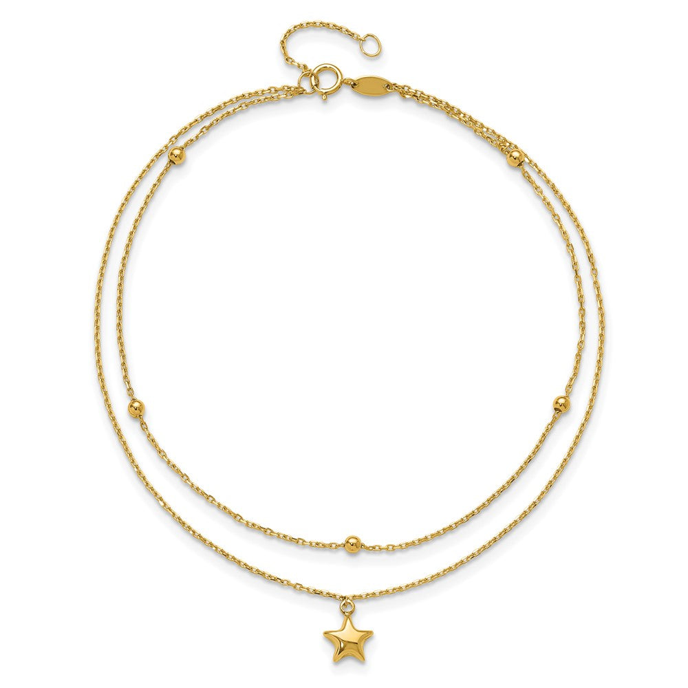 10K Yellow Gold Polished 2-Strand Star Plus Ext. Chain Anklet