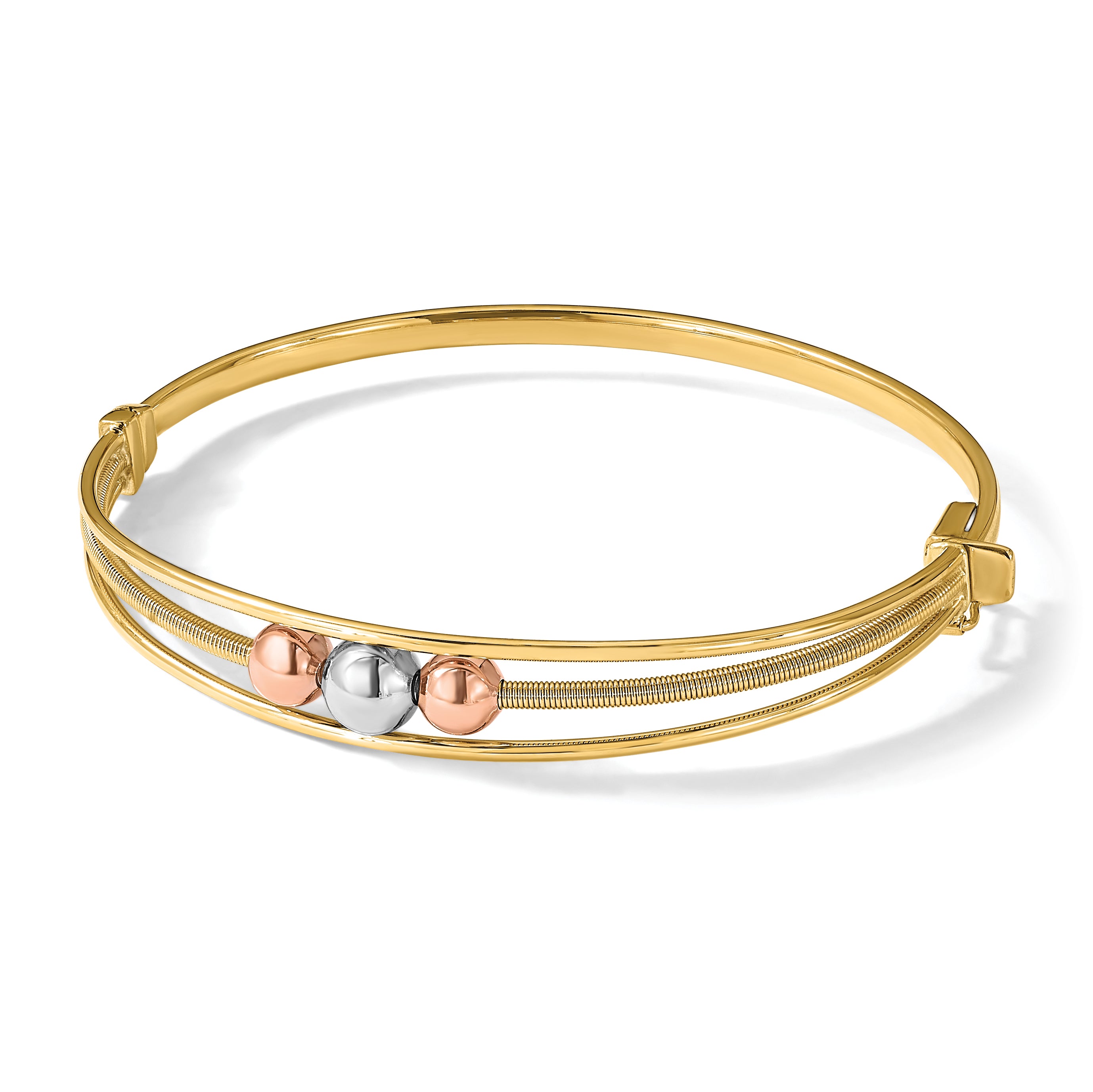 10K Tri Color Polished Beads Hinged Bangle