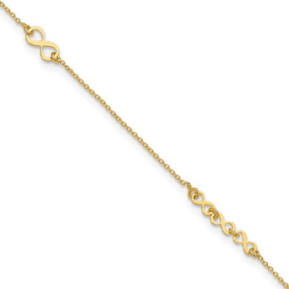 10K Yellow Gold Polished and Dia-Cut Infinity 10in Plus 1in Ext. Anklet