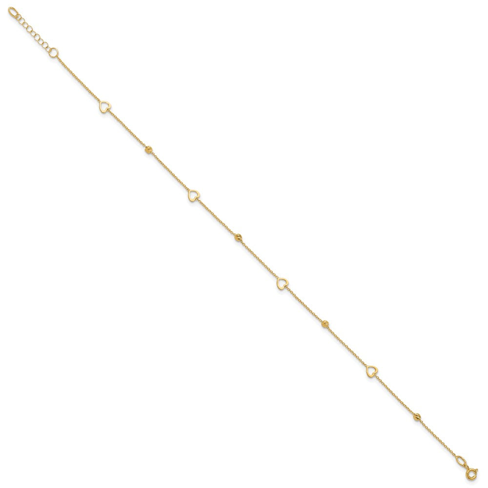 10K Yellow Gold Polished and Dia-Cut Heart 10in Plus 1in Ext. Anklet
