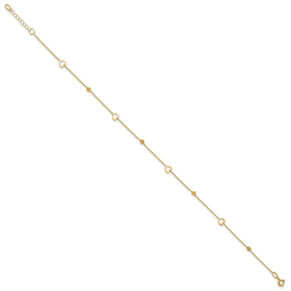 10K Yellow Gold Polished and Dia-Cut Heart 10in Plus 1in Ext. Anklet