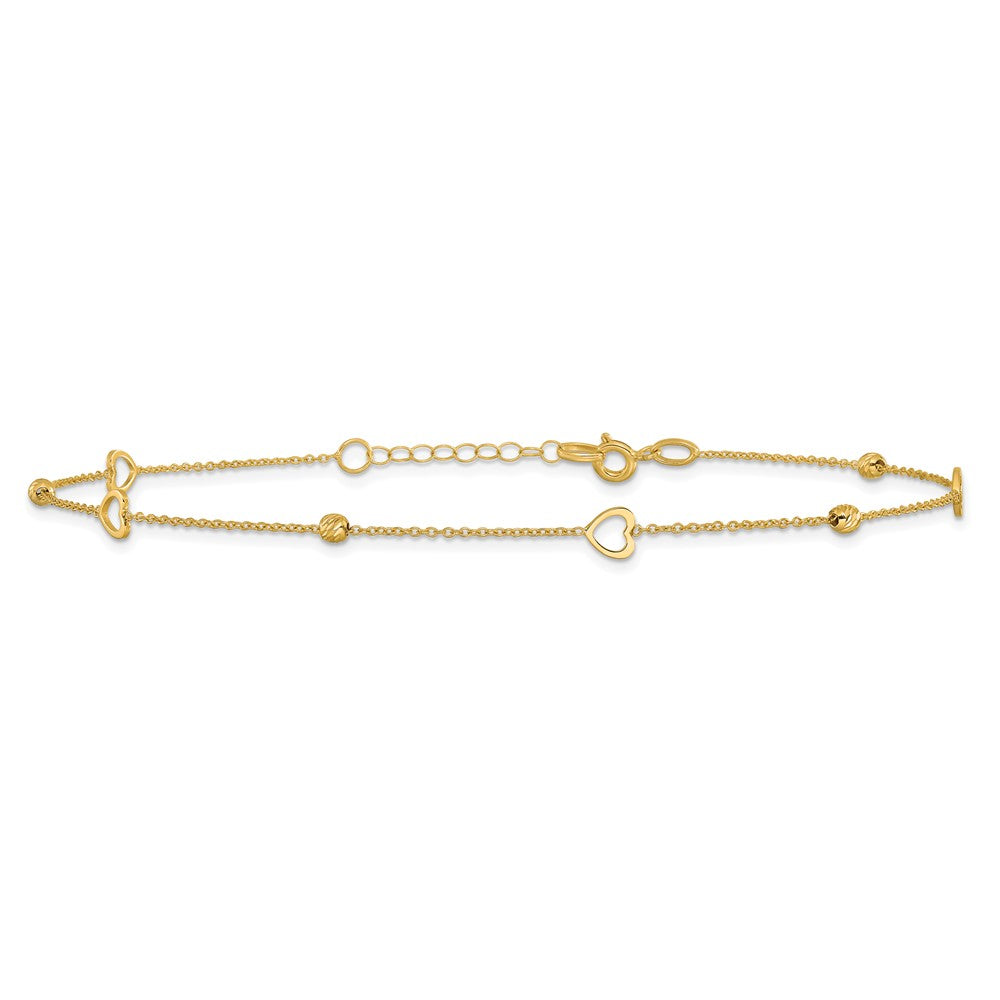 10K Yellow Gold Polished and Dia-Cut Heart 10in Plus 1in Ext. Anklet