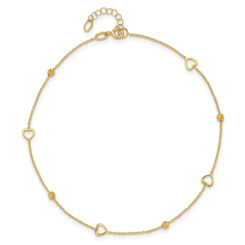 10K Yellow Gold Polished and Dia-Cut Heart 10in Plus 1in Ext. Anklet