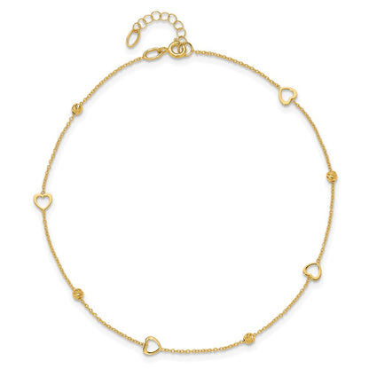10K Yellow Gold Polished and Dia-Cut Heart 10in Plus 1in Ext. Anklet