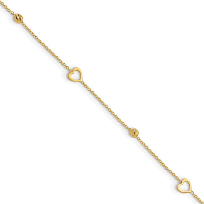 10K Yellow Gold Polished and Dia-Cut Heart 10in Plus 1in Ext. Anklet