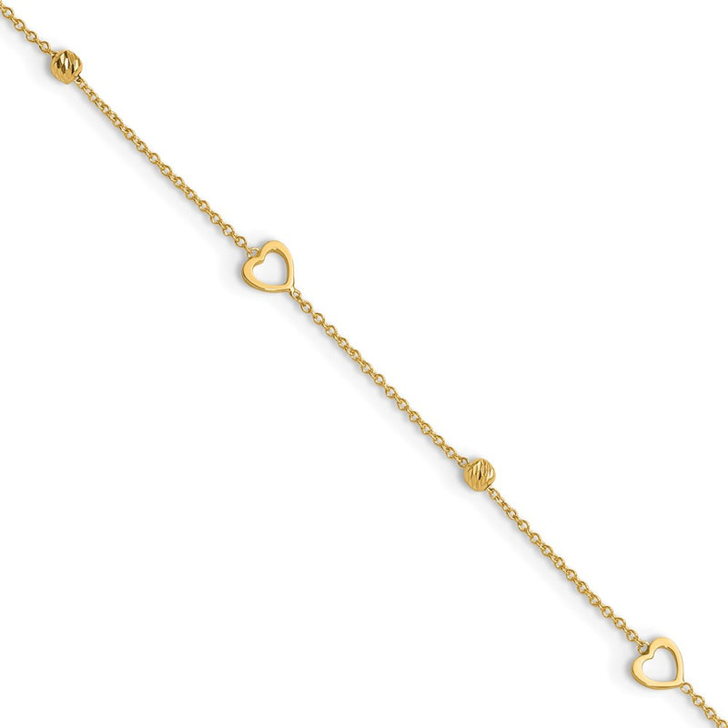 10K Yellow Gold Polished and Dia-Cut Heart 10in Plus 1in Ext. Anklet