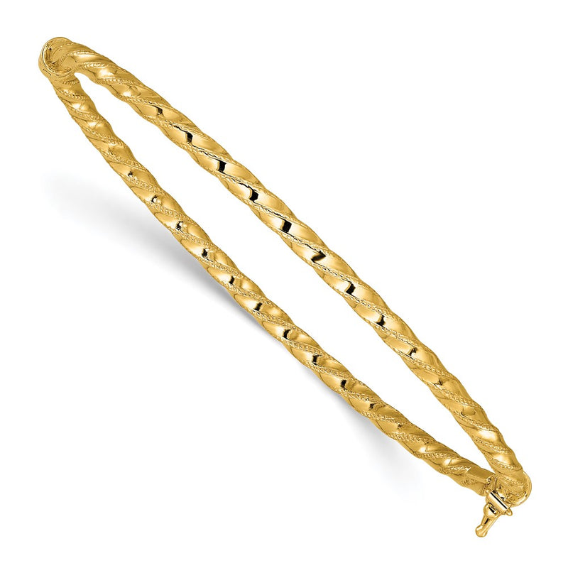 10K Yellow Gold Polished/Textured And Twisted Hinged Bangle
