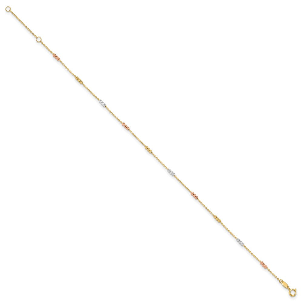 10K Tri-Color Polished with D/c Bead 9in Plus 1in. Ext. Anklet