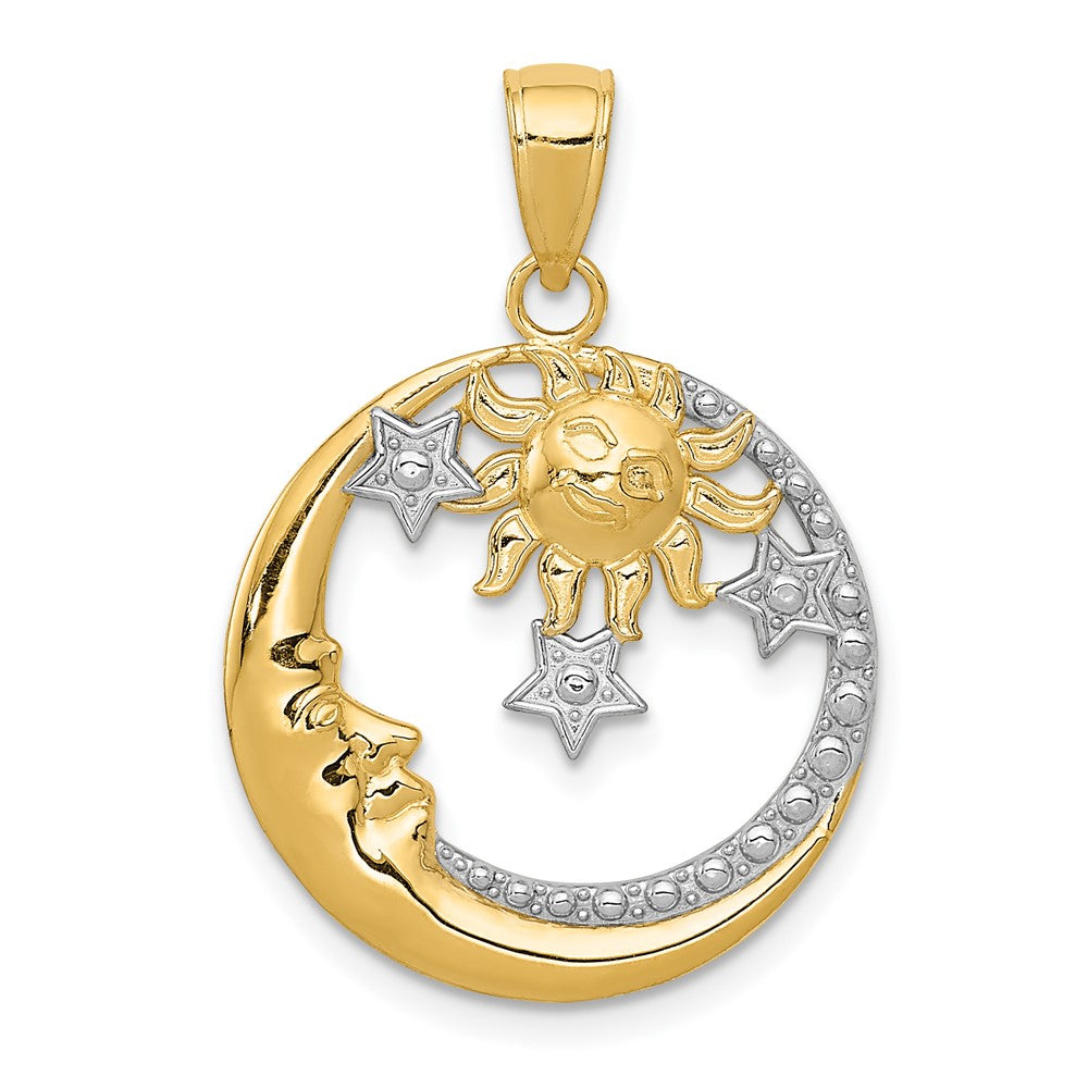 10K Yellow W/Rhodium And Rhodium D/C Moon, Stars, Sun Pendant