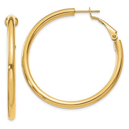 10K Yellow Gold 3X35mm Polished Round Omega Back Hoop Earrings