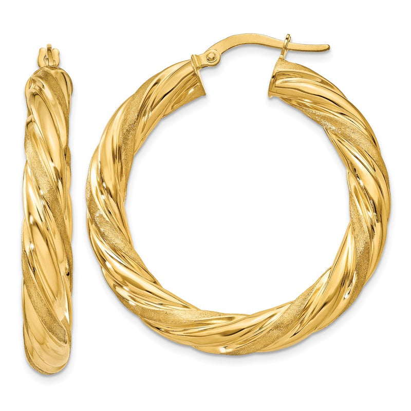 10K Yellow Gold 5mm Satin & Polished Twisted Hoop Earrings