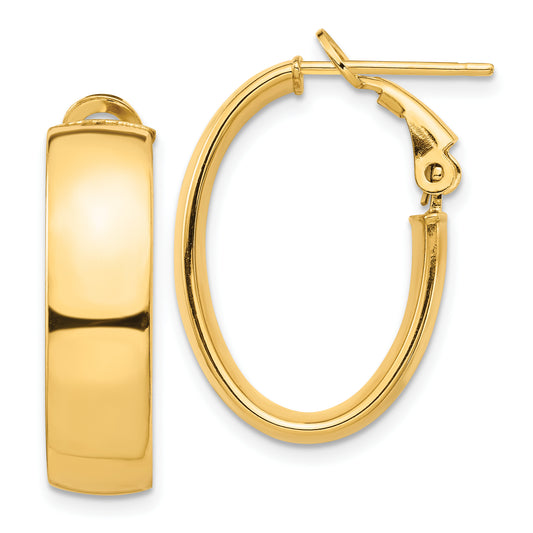 10K Yellow Gold High Polished 7mm Omega Back Oval Hoop Earrings