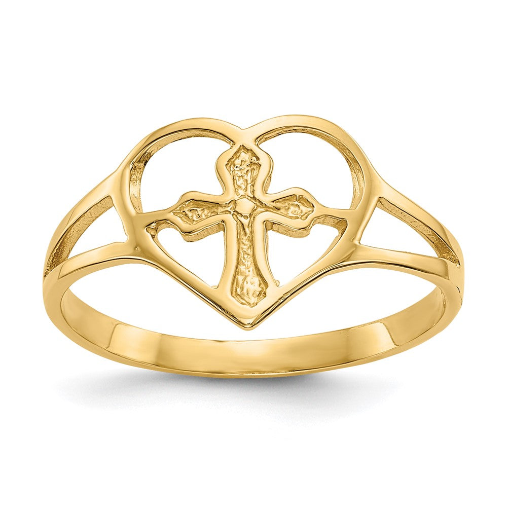 10K Yellow Gold Cross In Heart Ring