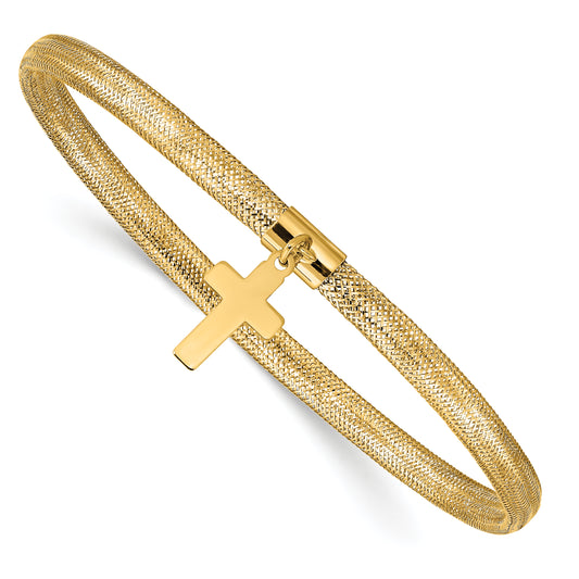 10K Yellow Gold Mesh Cross Dangle Stretch Bracelet