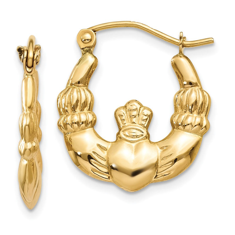 10K Yellow Gold Polished Claddagh Hoop Earrings