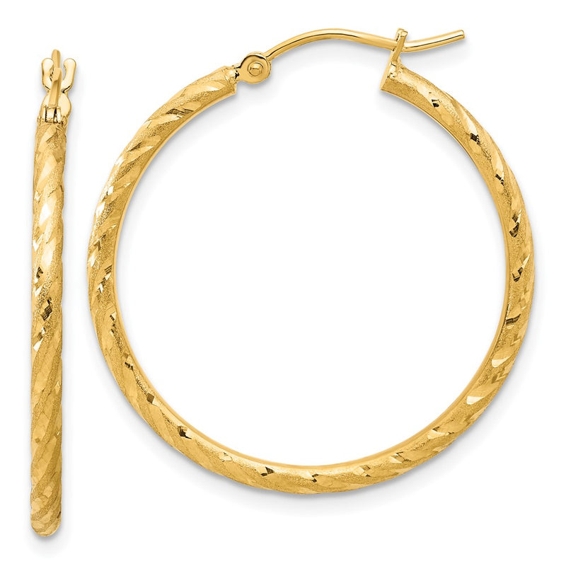 10K Yellow Gold Polished And Satin D/C 2.00mm Hoop Earrings