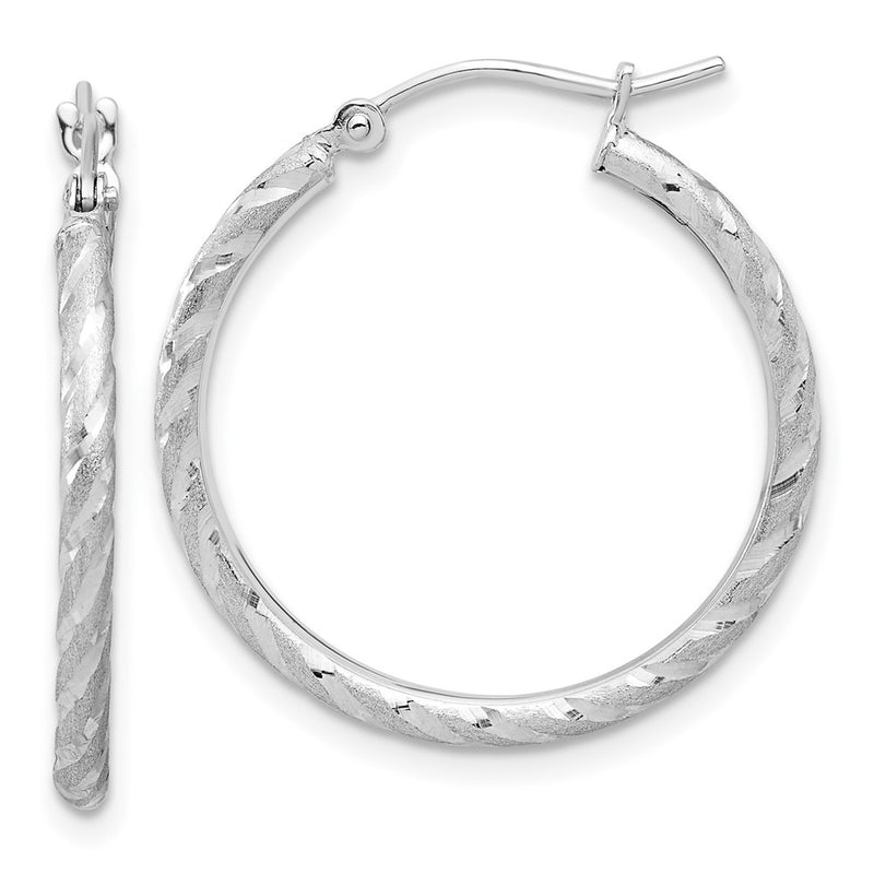 10K White Gold Polished And Satin D/C 2.00mm Hoop Earrings
