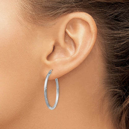 10K White Gold Satin And Diamond-Cut 2mm Round Hoop Earrings