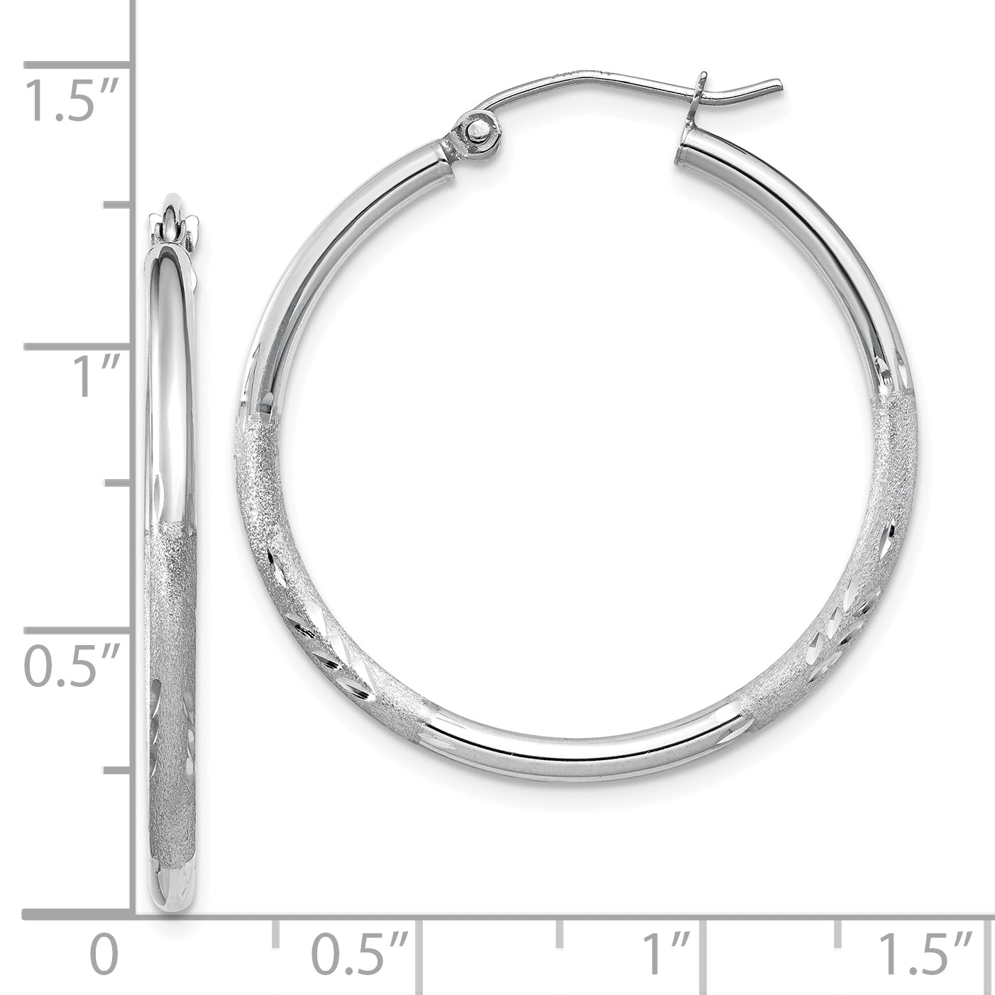 10K White Gold Satin And Diamond-Cut 2mm Round Hoop Earrings