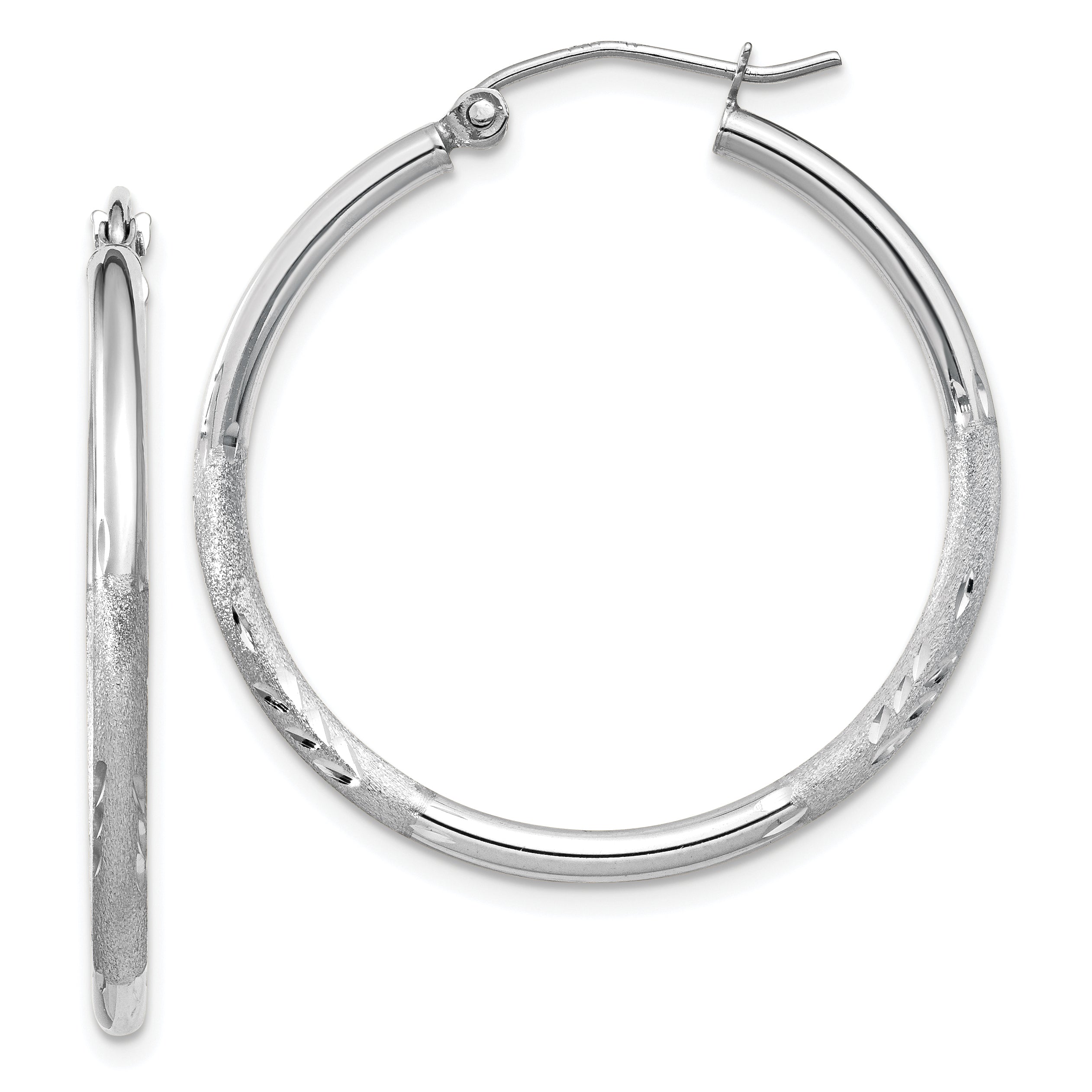 10K White Gold Satin And Diamond-Cut 2mm Round Hoop Earrings