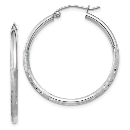 10K White Gold Satin And Diamond-Cut 2mm Round Hoop Earrings