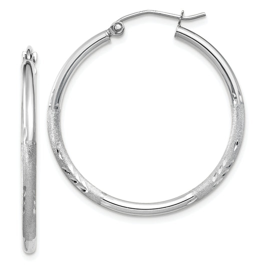 10K White Gold Satin And Diamond-Cut 2mm Round Hoop Earrings