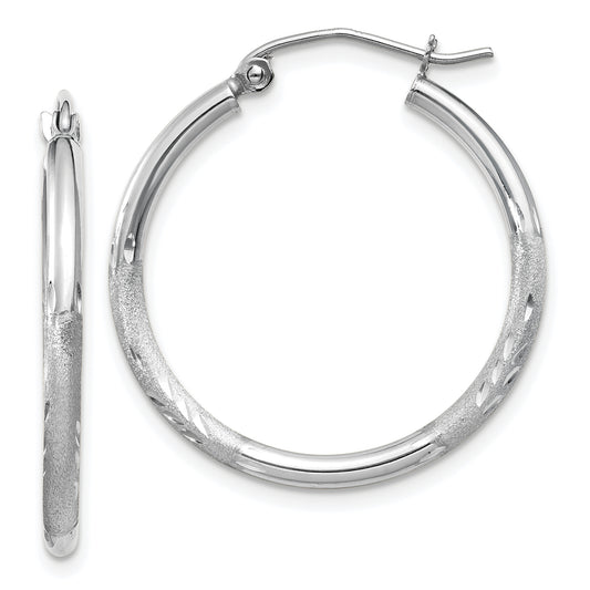 10K White Gold Satin And Diamond-Cut 2mm Round Hoop Earrings