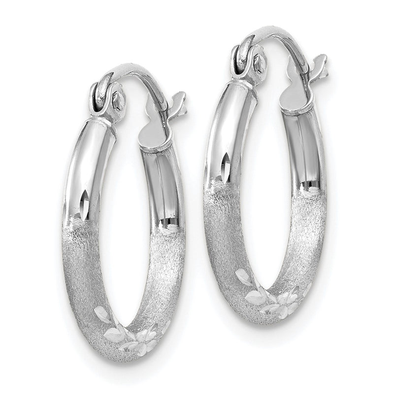 10K White Gold Satin And Diamond-Cut 2mm Round Hoop Earrings