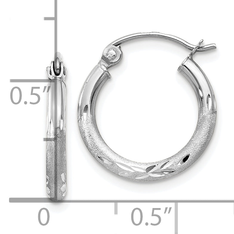 10K White Gold Satin And Diamond-Cut 2mm Round Hoop Earrings