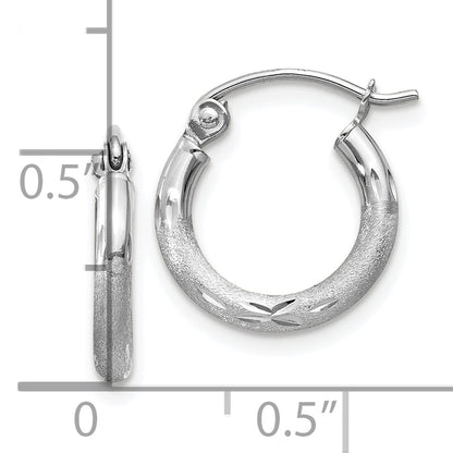 10K White Gold Satin And Diamond-Cut 2mm Round Hoop Earrings