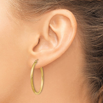 10K Yellow Gold Satin And Diamond-Cut 2mm Round Tube Hoop Earrings