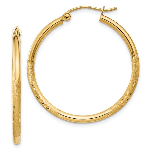 10K Yellow Gold Satin And Diamond-Cut 2mm Round Tube Hoop Earrings