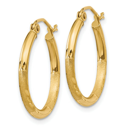 10K Yellow Gold Satin And Diamond-Cut 2mm Round Tube Hoop Earrings