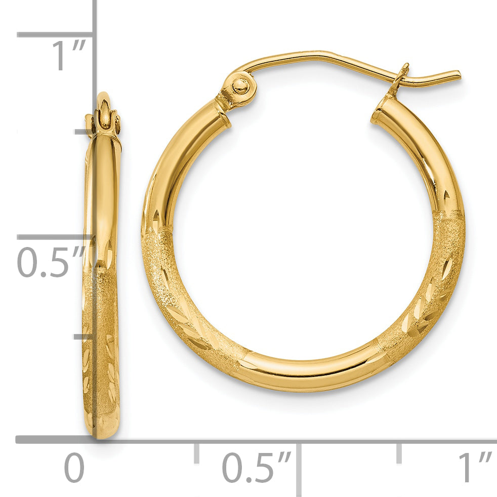 10K Yellow Gold Satin And Diamond-Cut 2mm Round Tube Hoop Earrings