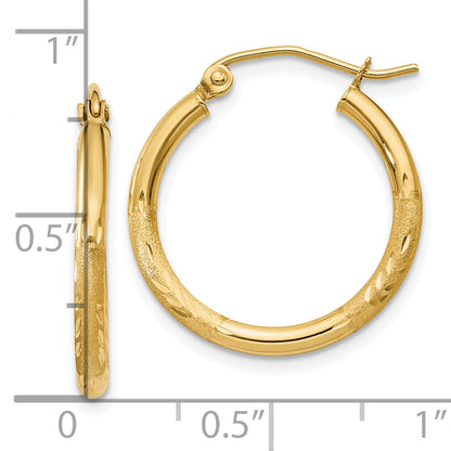 10K Yellow Gold Satin And Diamond-Cut 2mm Round Tube Hoop Earrings