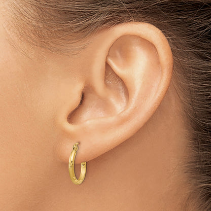 10K Yellow Gold Satin And Diamond-Cut 2mm Round Tube Hoop Earrings