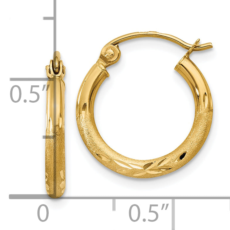10K Yellow Gold Satin And Diamond-Cut 2mm Round Tube Hoop Earrings
