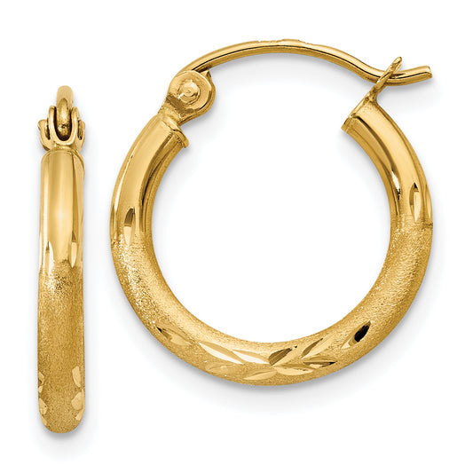 10K Yellow Gold Satin And Diamond-Cut 2mm Round Tube Hoop Earrings