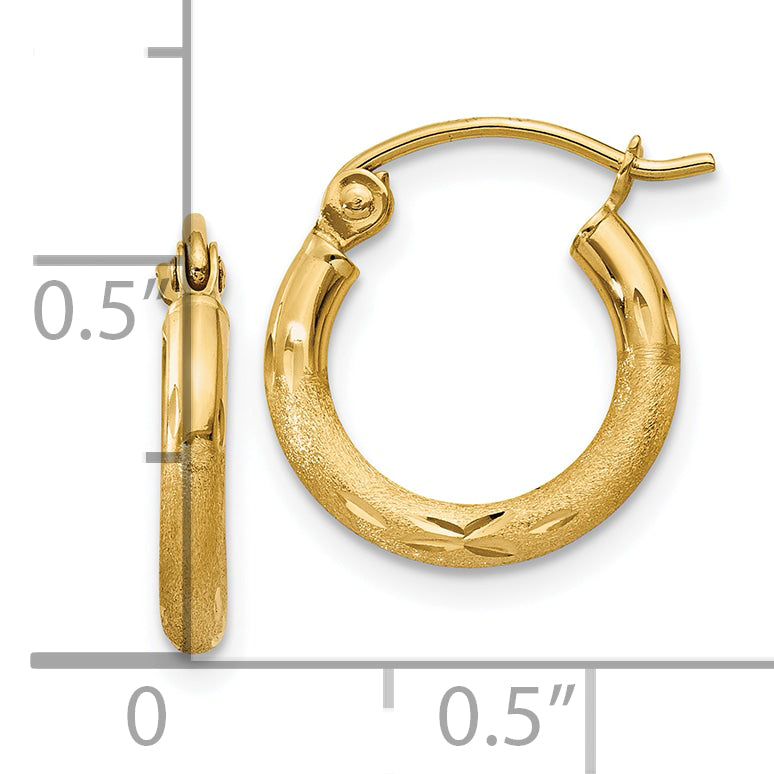 10K Yellow Gold Satin And Diamond-Cut 2mm Round Tube Hoop Earrings
