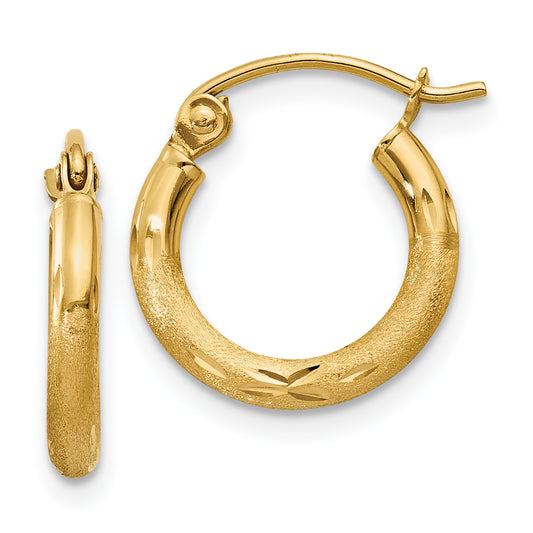 10K Yellow Gold Satin And Diamond-Cut 2mm Round Tube Hoop Earrings