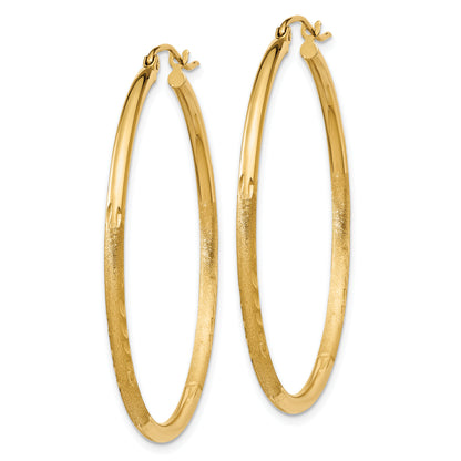 10K Yellow Gold Satin And Diamond-Cut 2mm Round Tube Hoop Earrings