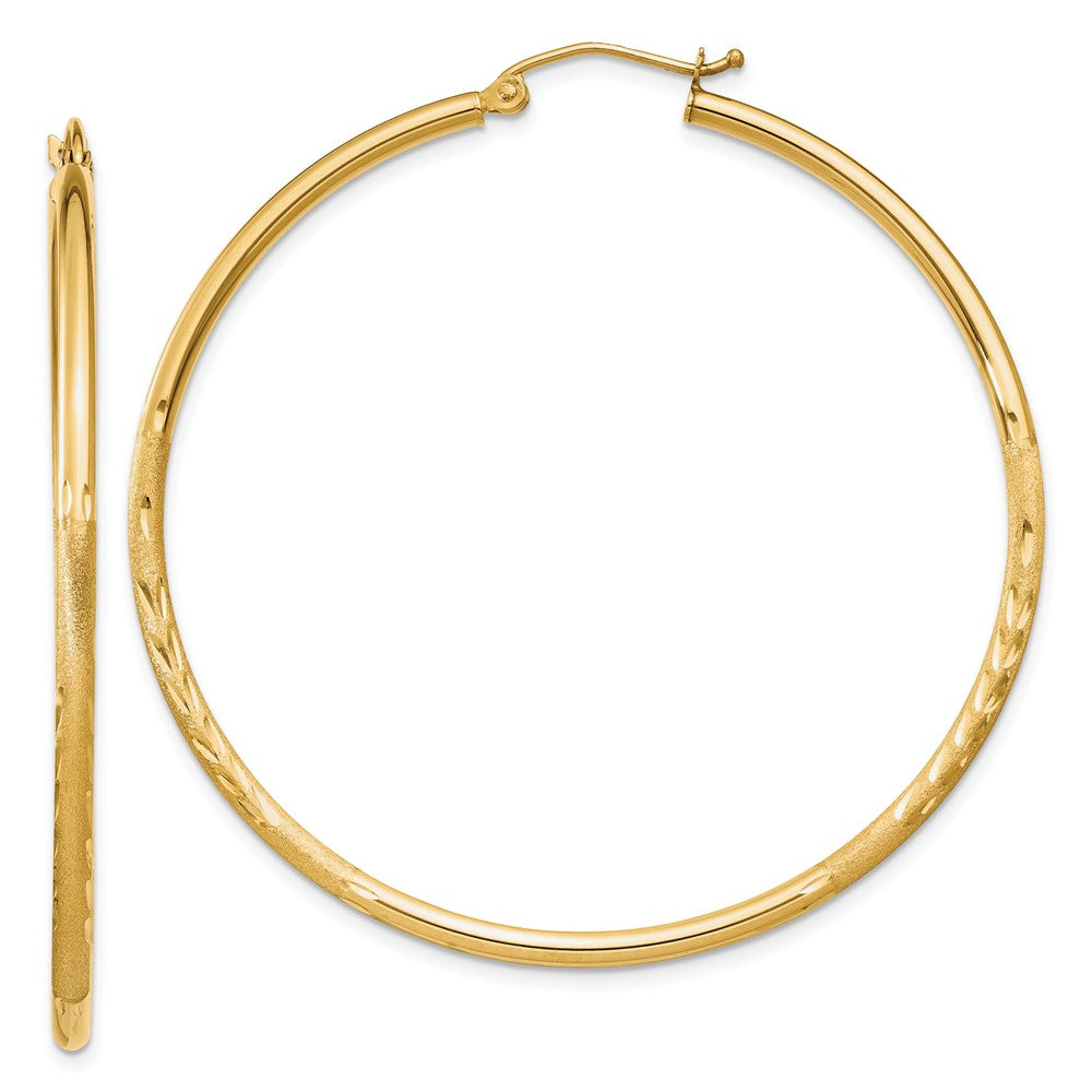 10K Yellow Gold Satin And Diamond-Cut 2mm Round Tube Hoop Earrings