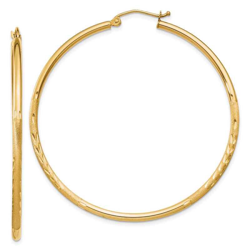10K Yellow Gold Satin And Diamond-Cut 2mm Round Tube Hoop Earrings