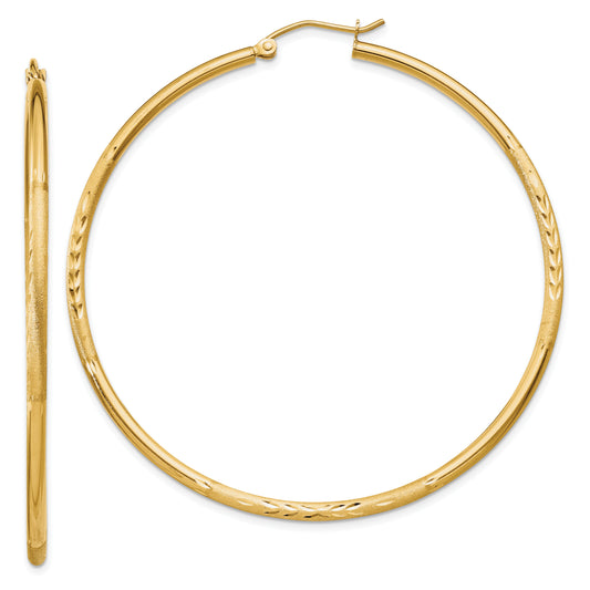 10K Yellow Gold Satin And Diamond-Cut 2mm Round Tube Hoop Earrings