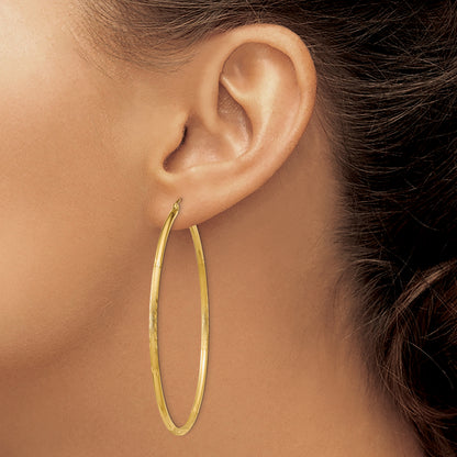 10K Yellow Gold Satin And Diamond-Cut 2mm Round Tube Hoop Earrings