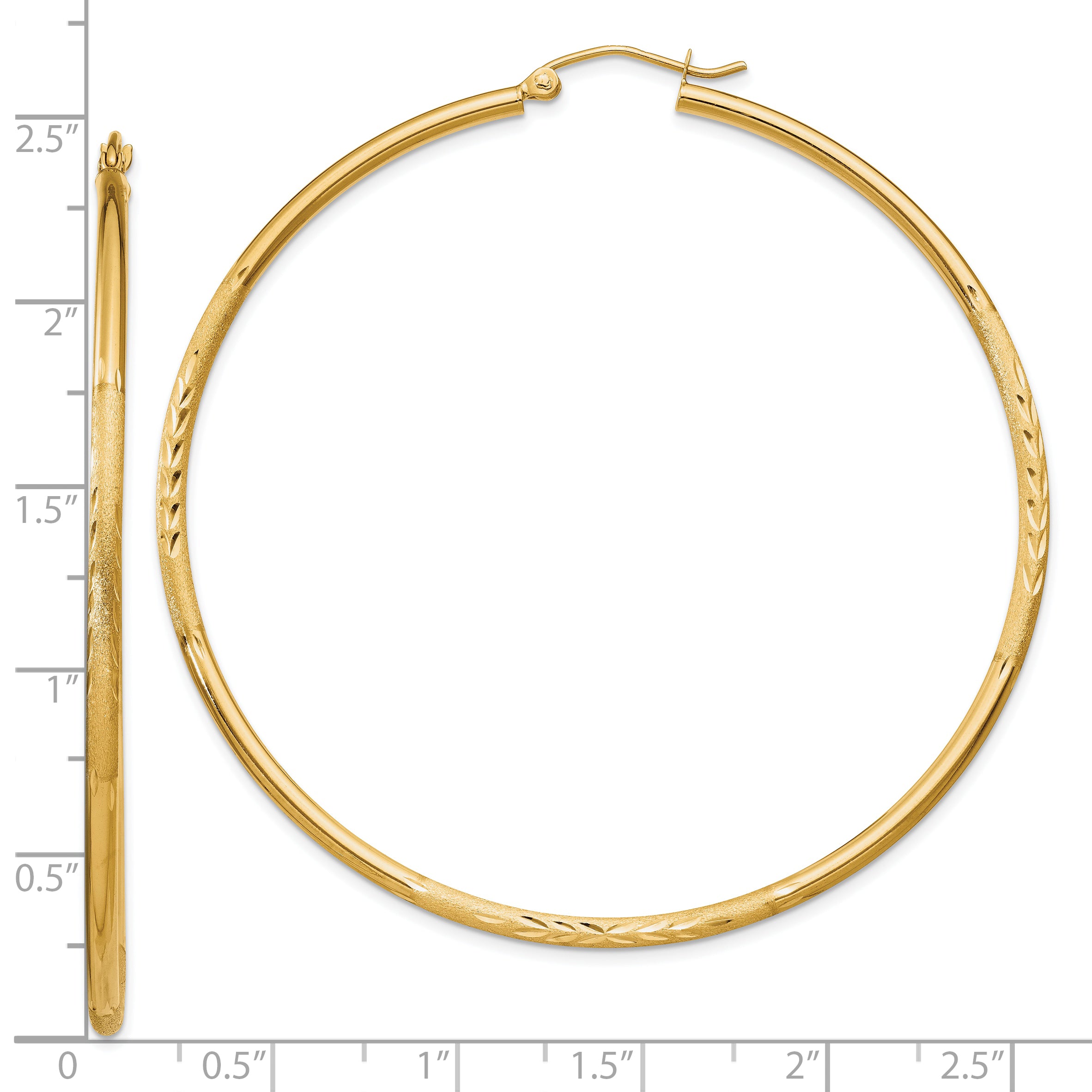 10K Yellow Gold Satin And Diamond-Cut 2mm Round Tube Hoop Earrings
