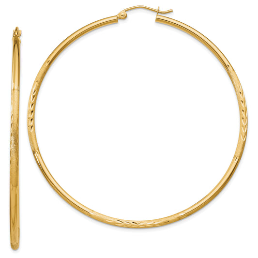 10K Yellow Gold Satin And Diamond-Cut 2mm Round Tube Hoop Earrings